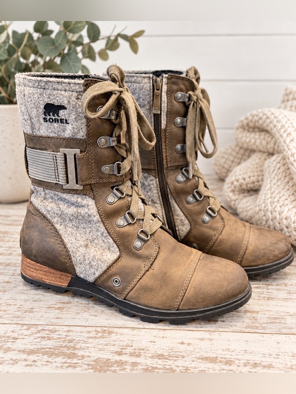 Sorel Major Carly Leather Wool Felt Lace Up Boots Brown Gray Women’s 7.5